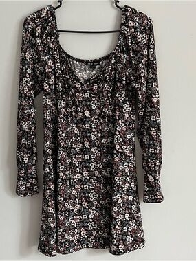 AS U WISH Black Floral Cottagecore Long Sleeve Mini Dress